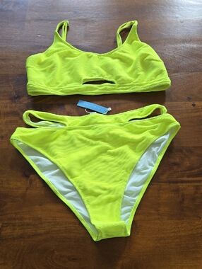 NWT Popvil Neon Yellow Ribbed Cutout Bikini Set Size XXL